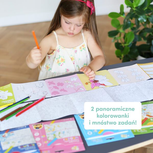panoramiczne książeczki z kolorowankami i zadaniami