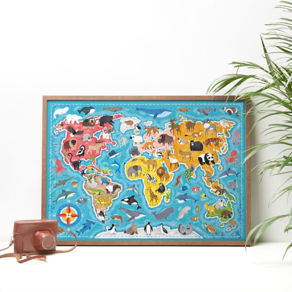 plakat Mapa swiata ze zwierzetami