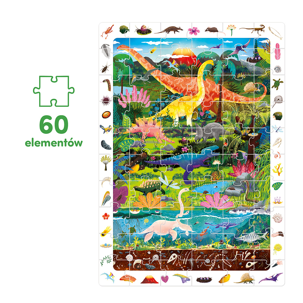 Dinozaury - ukladanka 60 elementow z ramka obserwacyjna