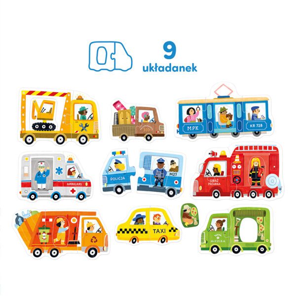9 duzych ukladanek Pierwsze puzzle Pojazdy dla dzieci 2+